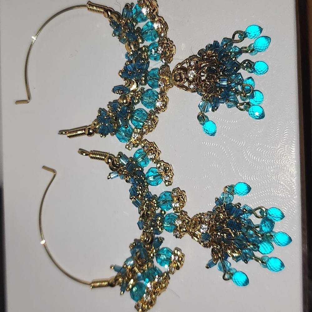 Jhumpka Blue Beaded and Goldtone Dangle Hoop Pierced Earrings - Picture 5 of 5